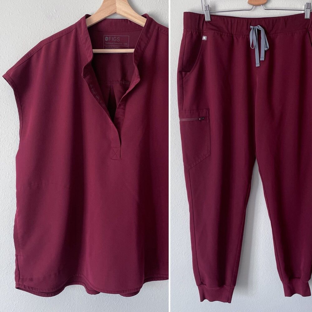 FIGS Rafaela Scrub Top & Zamora Jogger Pants Set Burgundy Women's Size XXL